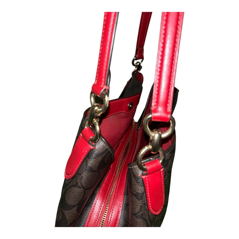 Women's Coach Brown Monogram Red Trim Shoulder Bag One Size - Picture 9 of 11